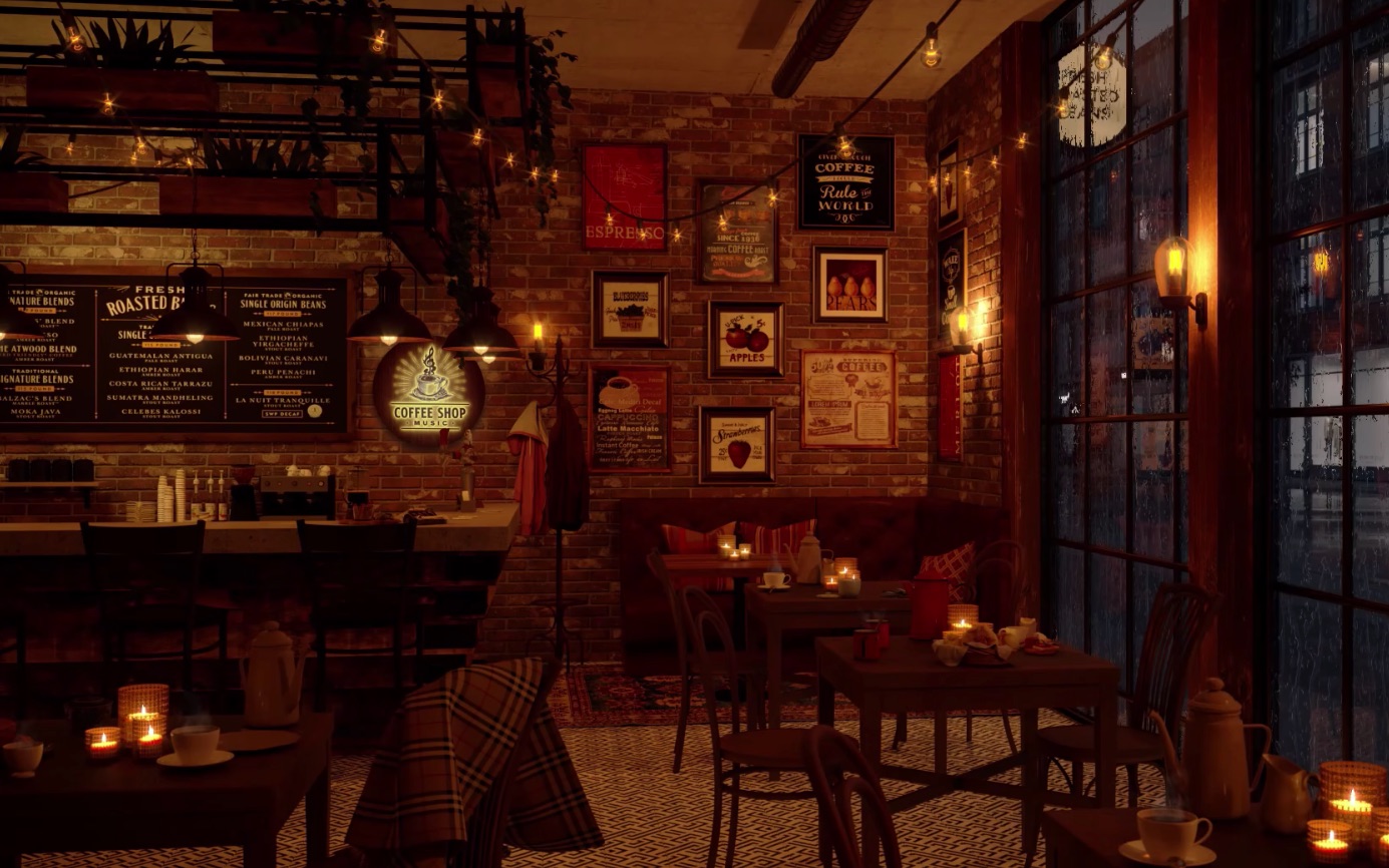 雨天夜晚慵懒的咖啡厅氛围|落地窗|舒缓解压|放松情绪|工作学习