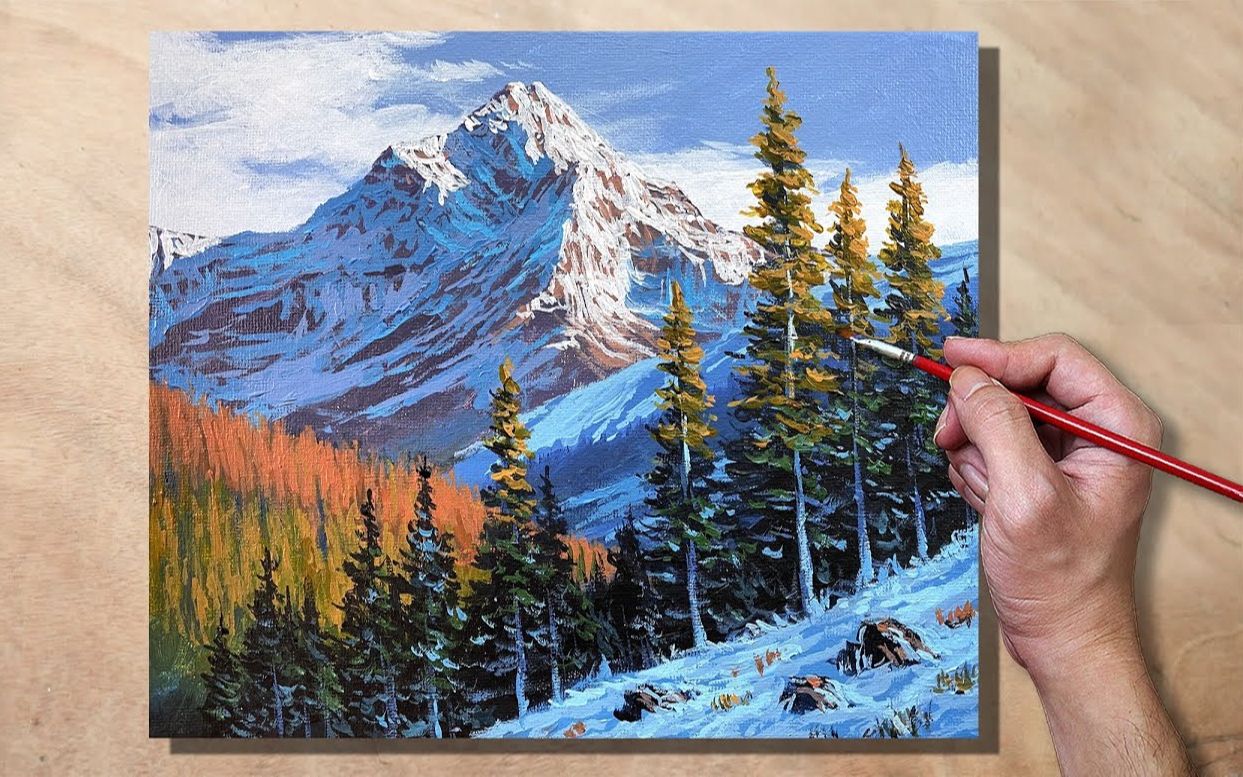 【丙烯画】【绘画教程】【中字】冬景-acrylic painting winter