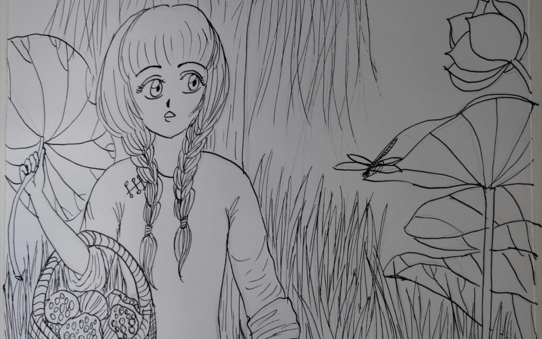 菜莲蓬的小女孩,线稿.