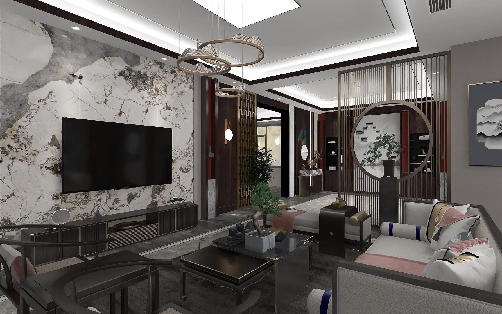 奥华新中式简约高雅的客厅 精致与舒适 砌造纯粹的空间#集成吊顶_哔哩