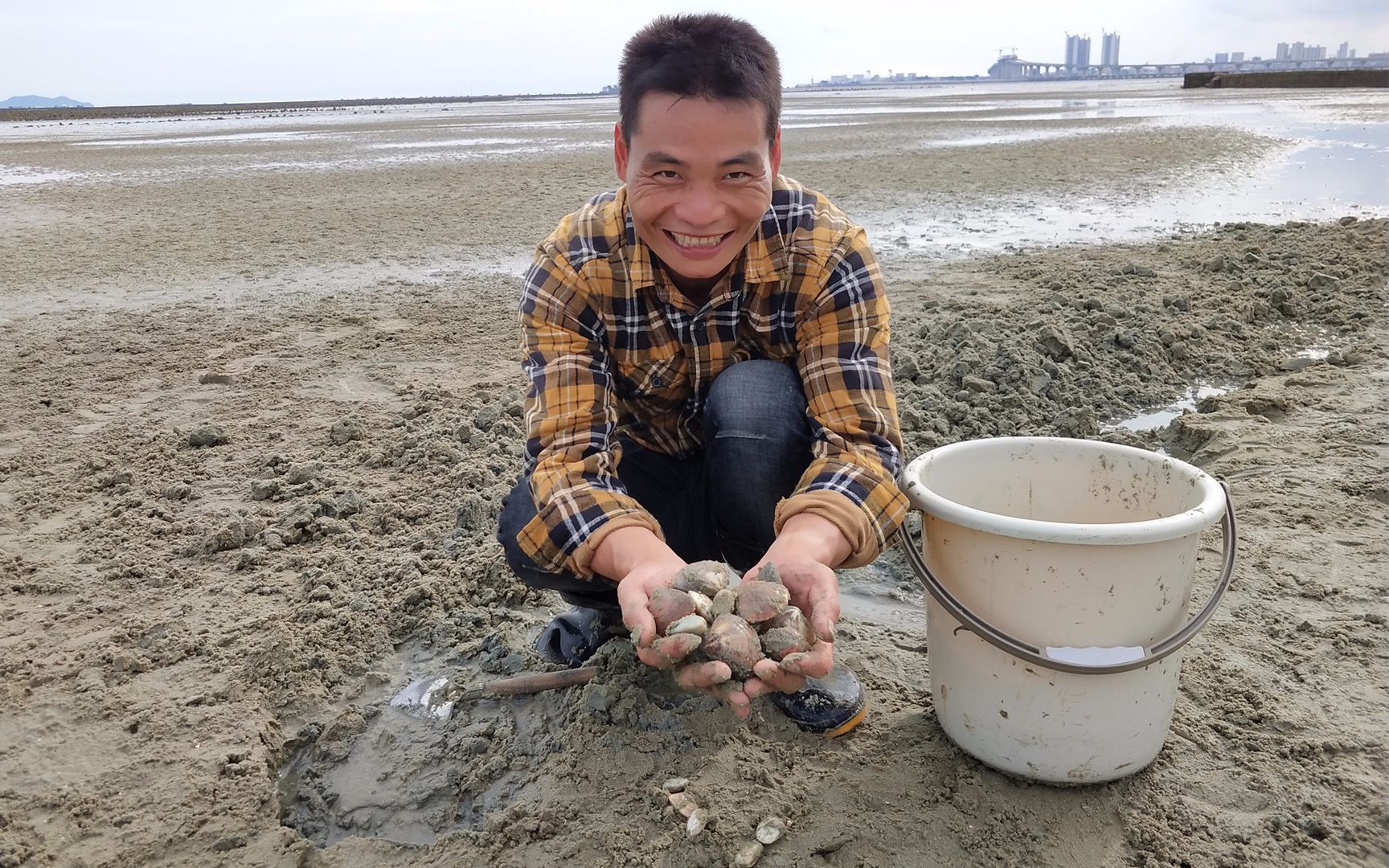 小渔翁赶海挖螺,运气不错,一会就挖了大半桶,卖了一百多,赚了_哔哩