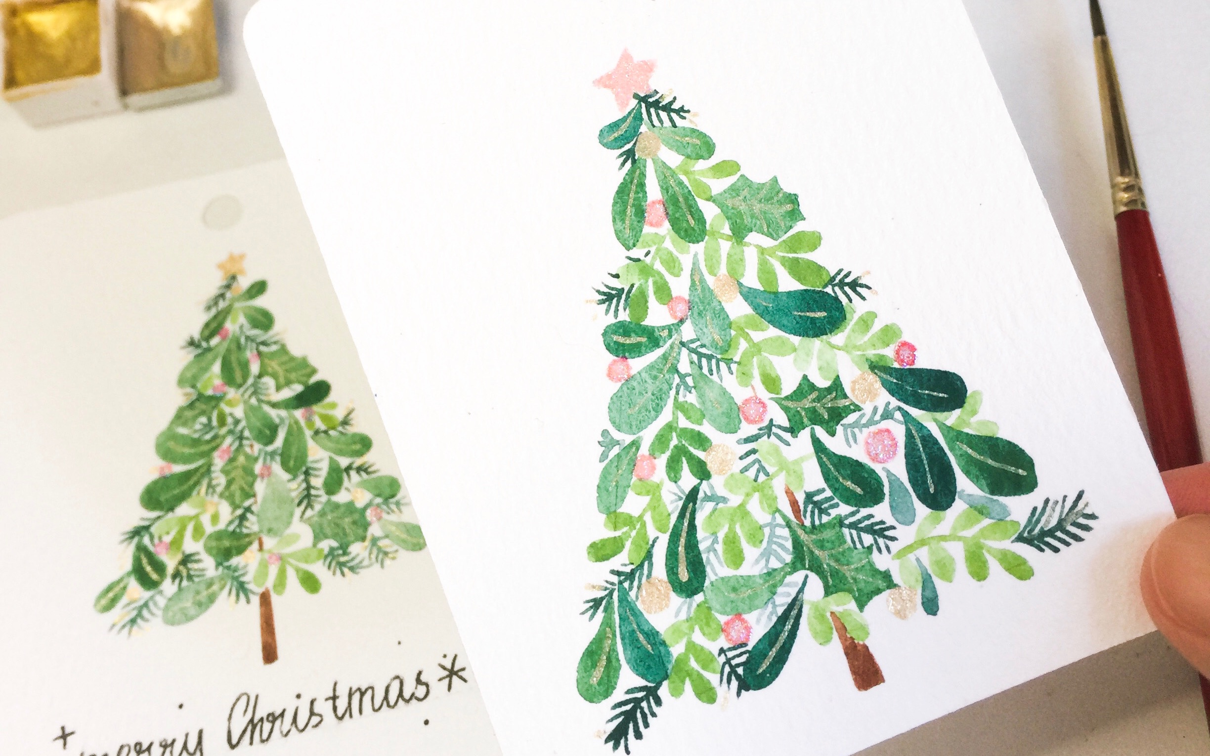 【零基础水彩】90教你画简单又好看的圣诞树