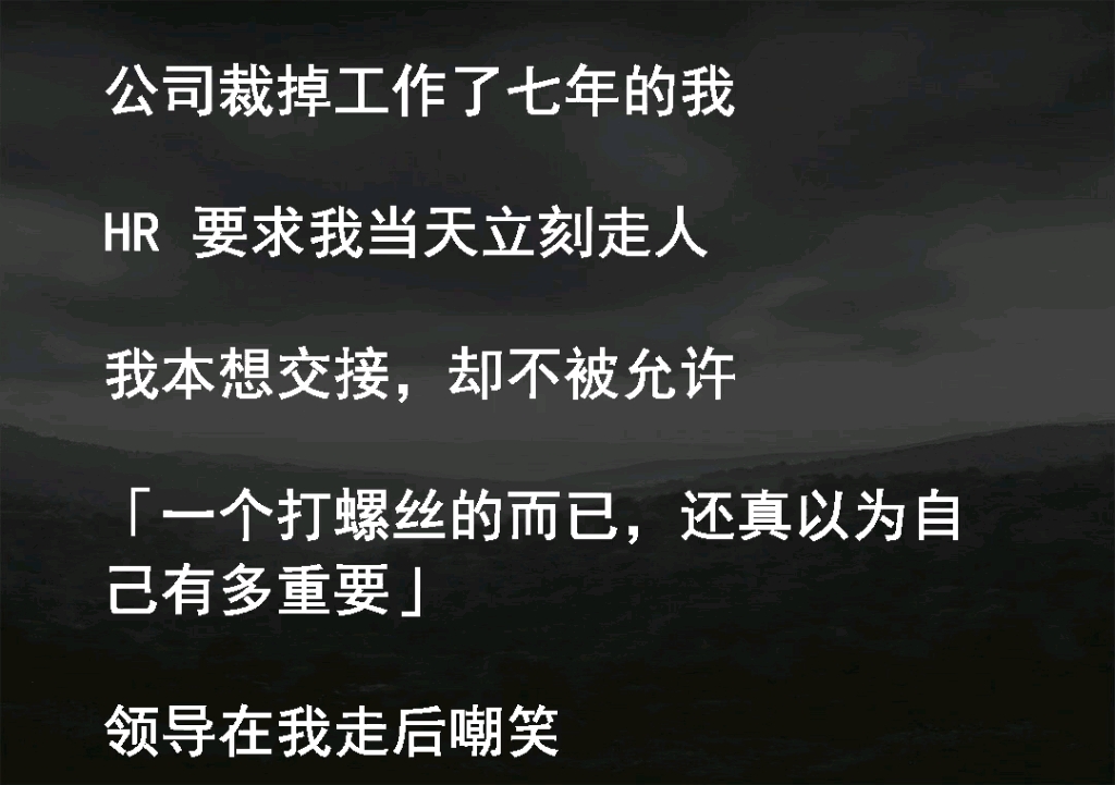 公司裁掉工作了七年的我HR 要求我当天立刻走人我本想交接,却不被允许一个打螺丝的而已,还真以为自己有多重要领导在我走后嘲笑后来公司系统崩溃...