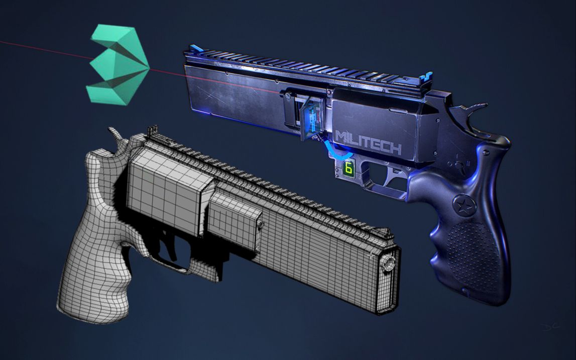 3dmax武器建模-赛博朋克经典"手枪"游戏模型制作,零基础硬表面布线卡