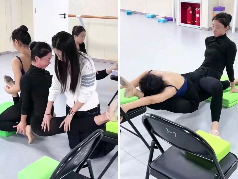 舞蹈生耗腿,被动压腿