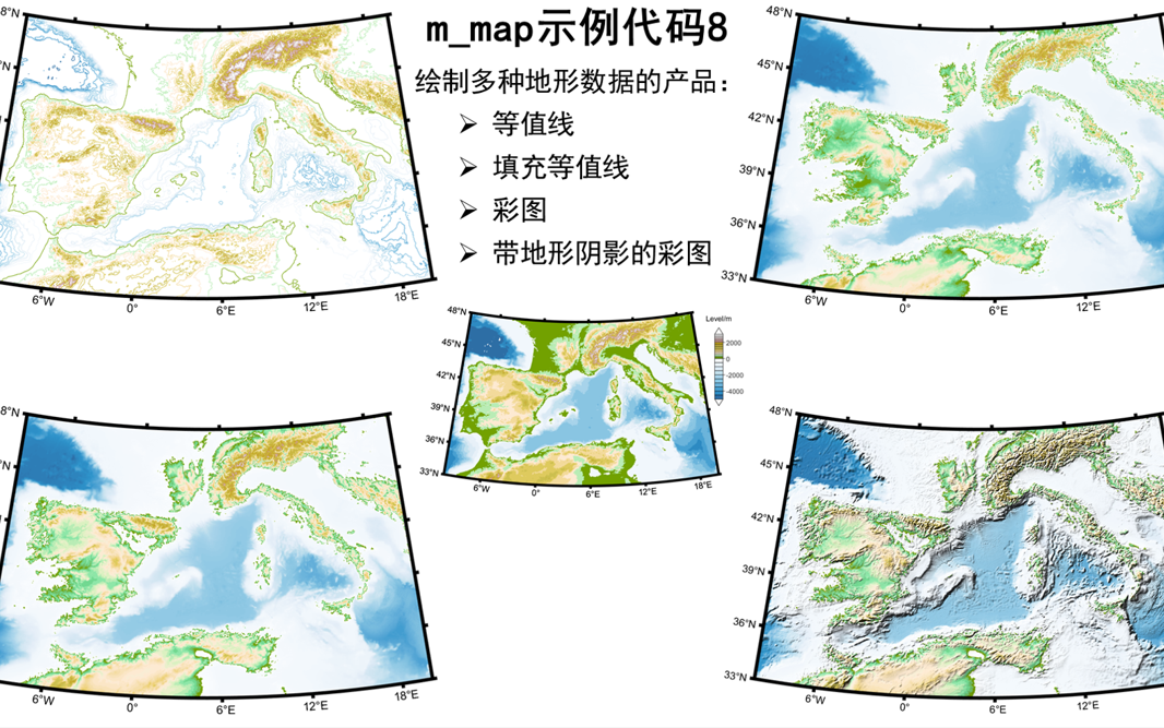 [图]【m_map】Code8：利用m_etopo2绘制多种地形数据产品（等值线，填充等值线，彩图，带地形阴影的彩图）