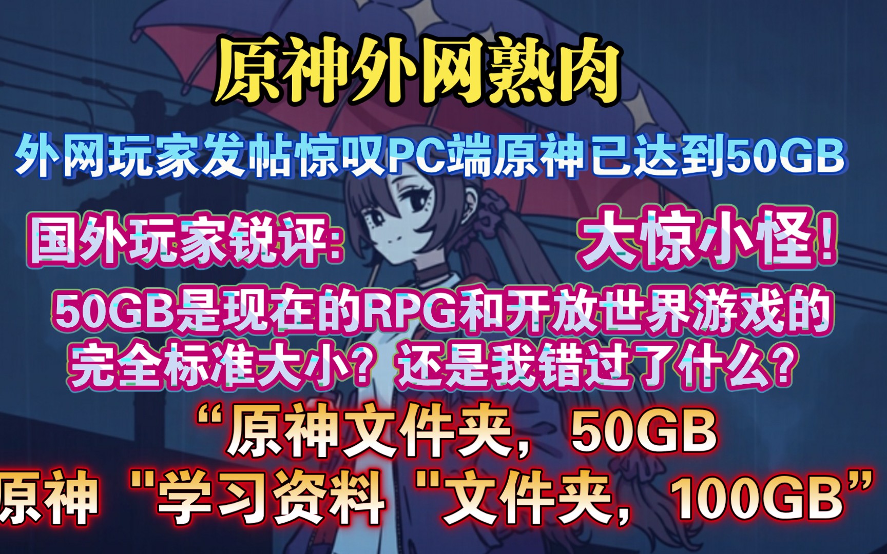 【原神熟肉】外网玩家发帖惊叹原神PC端已经50GB啦,国外网友锐评:“现在一个游戏50GB不算什么,我的文件夹里有与原神有关的 ＂资料 ＂就有80GB...