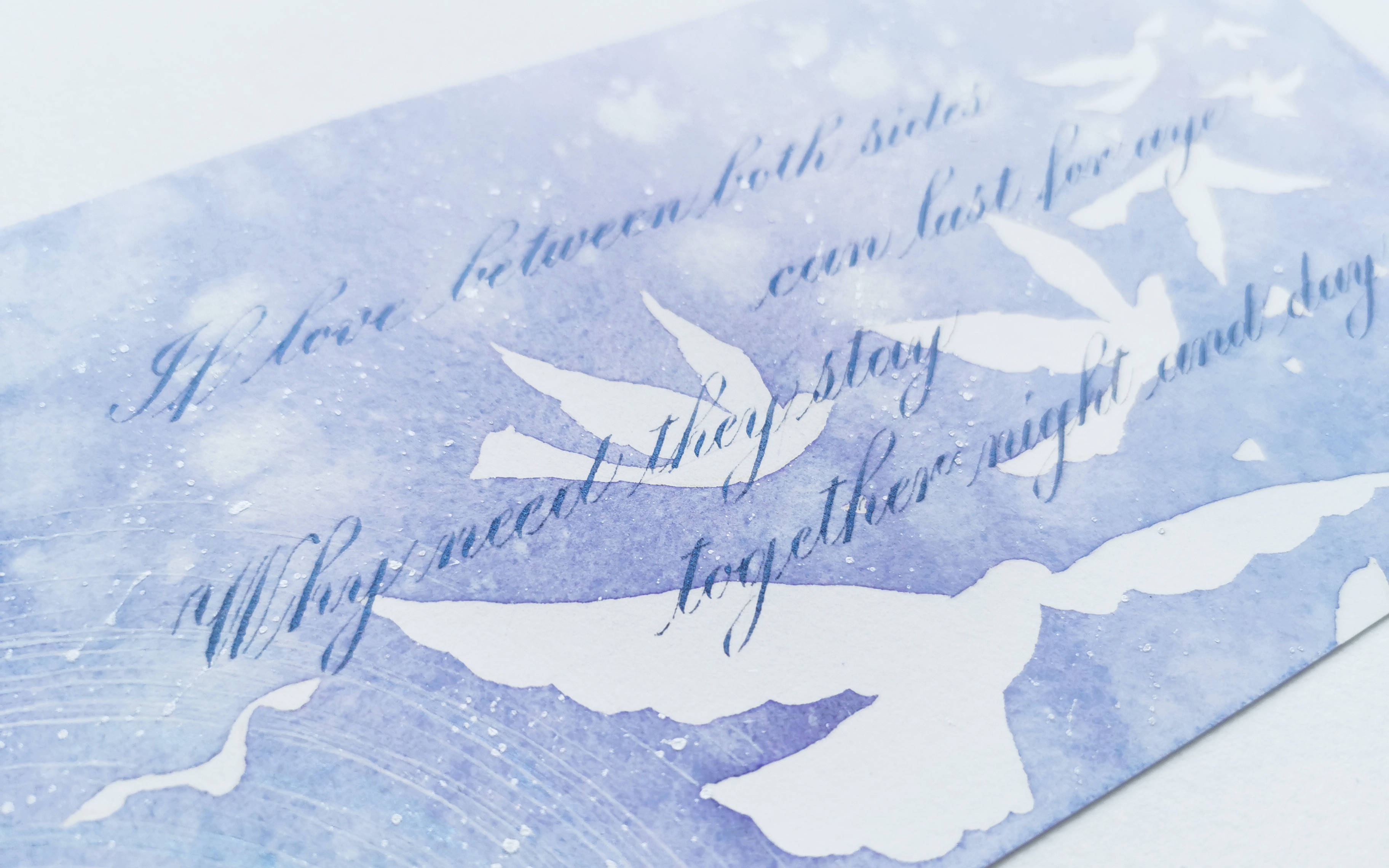 英文书法水彩染卡虽迟但到的七夕祝福es贺卡过程