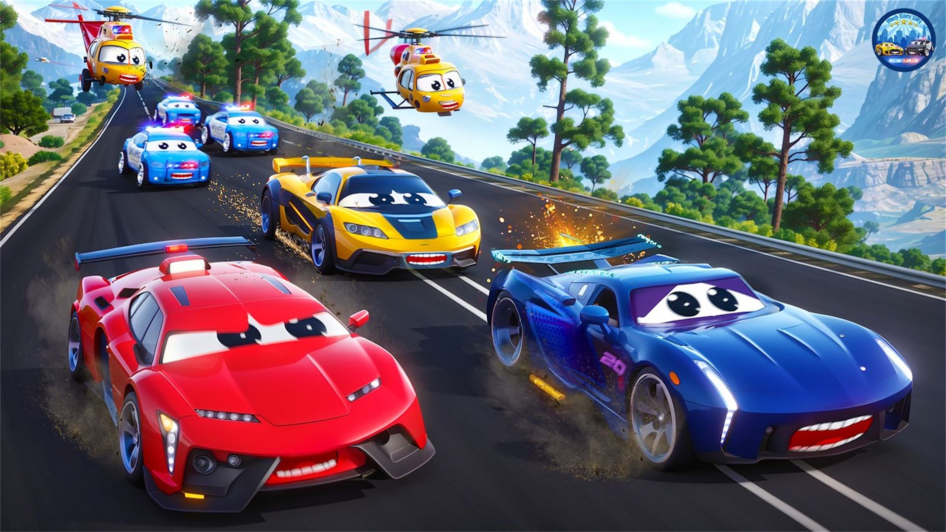 儿童动画:疯狂汽车大战警车,道路成战场!谁将主宰这怒火之战?