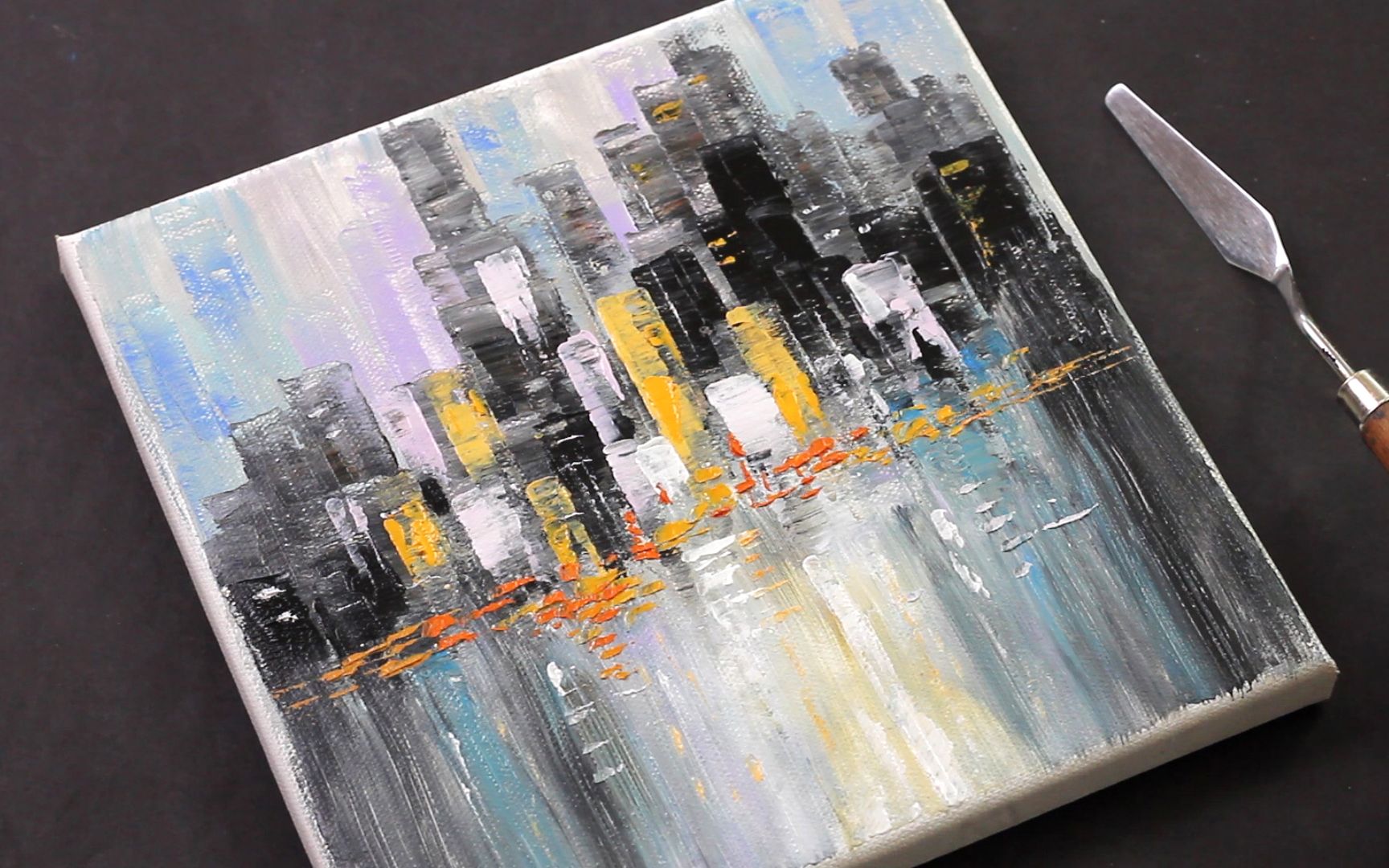 如何用油画刀画抽象城市风景,丙烯画教程,简单容易的绘画过程,治愈系