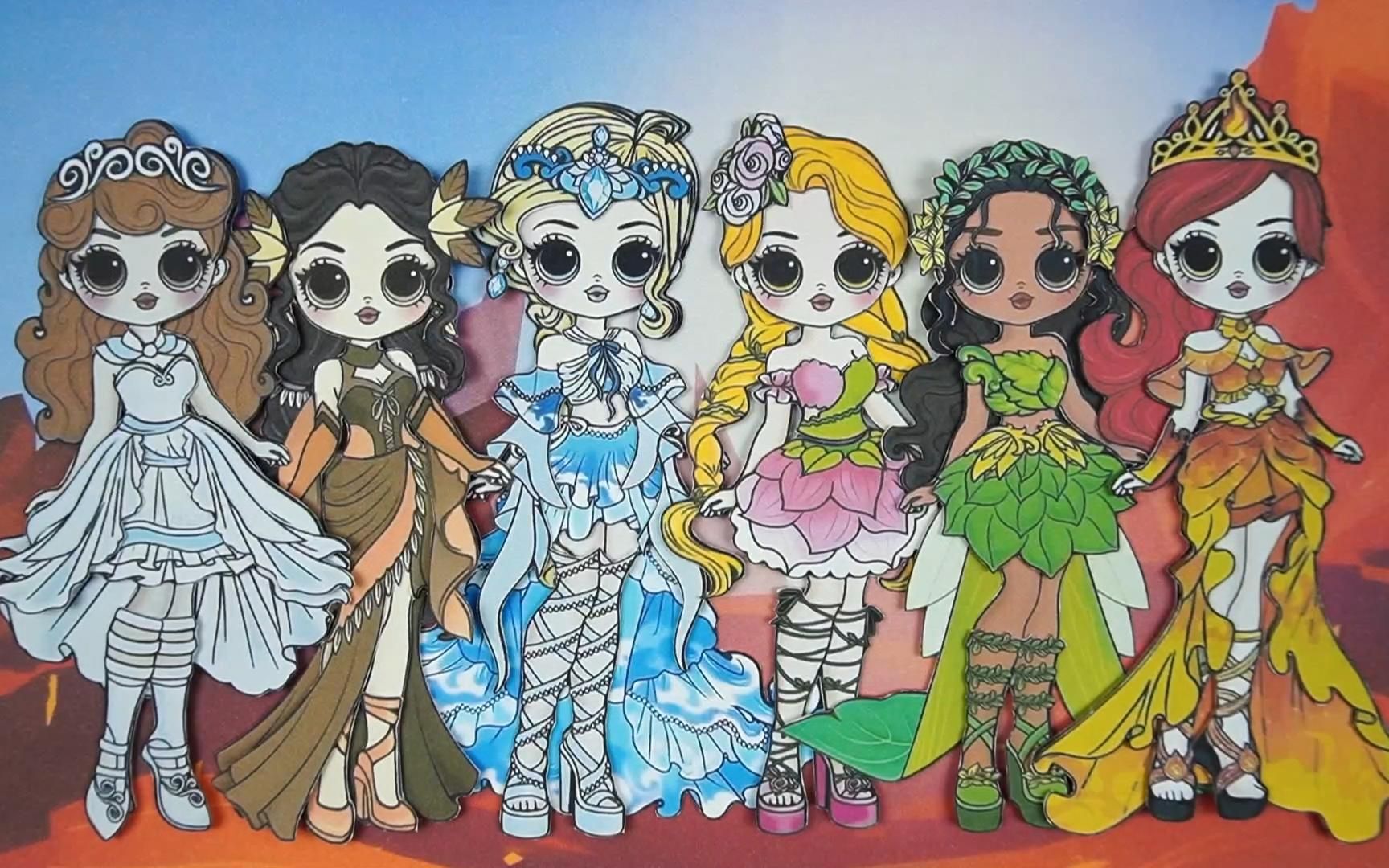 迪士尼公主的四季木水火纸娃娃换装秀