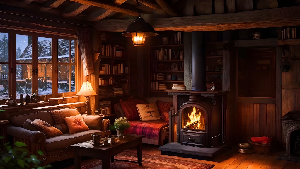 温馨木屋氛围窗外雪花飘落寒风呼哨声和柴火燃烧的声音声.