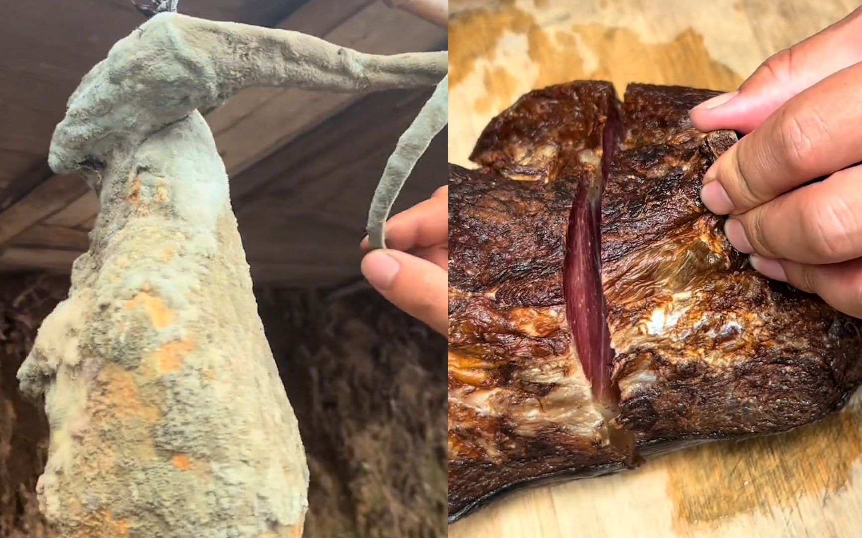 男子花100元买12年老腊肉,满是霉菌火烧水枪一顿造,切开被惊艳