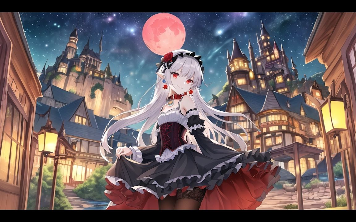 【ai绘图】白毛红瞳 | 伊琳娜的第二人格 | 血月,城堡,星空