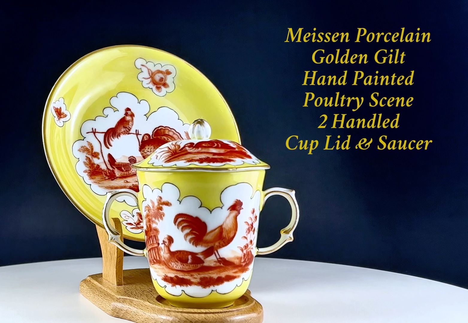 【瓷器】德国梅森瓷器 黄釉描金四开窗单色家禽&花卉画片 双耳带盖