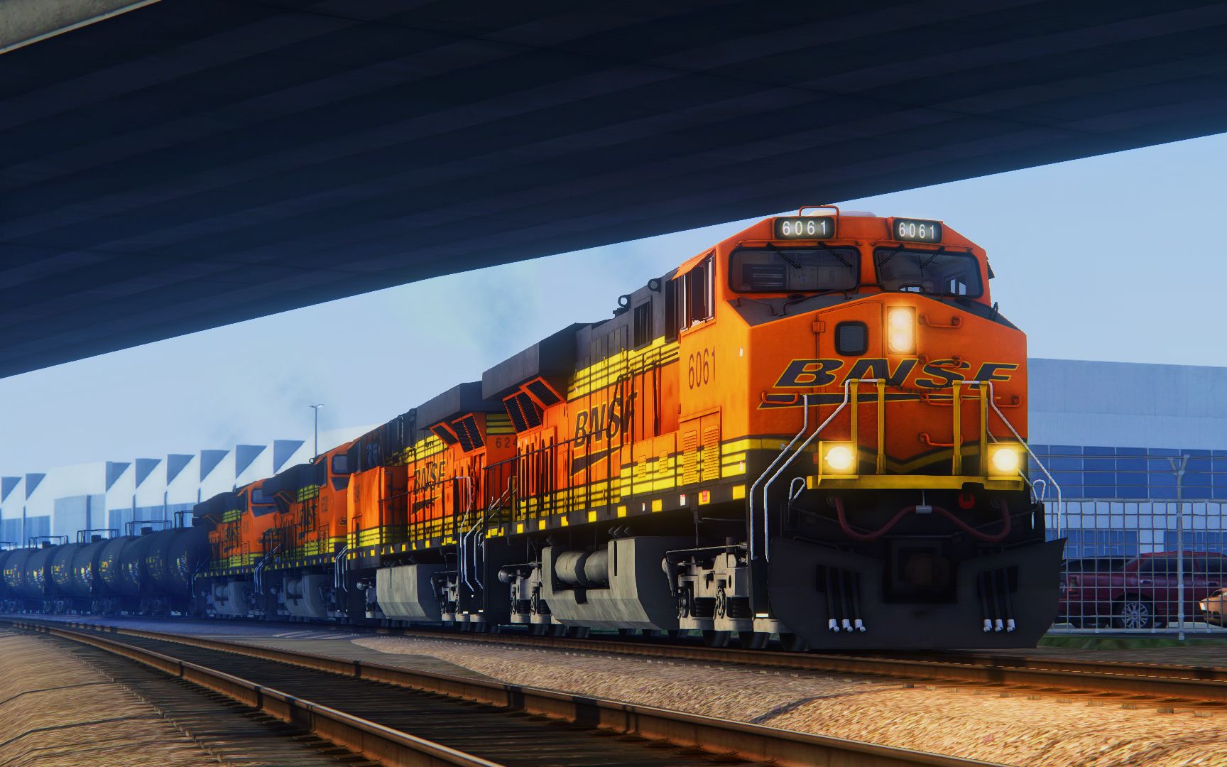 在圣地亚哥(圣迭戈)清晨的两列bnsf货列车-模拟火车经典版