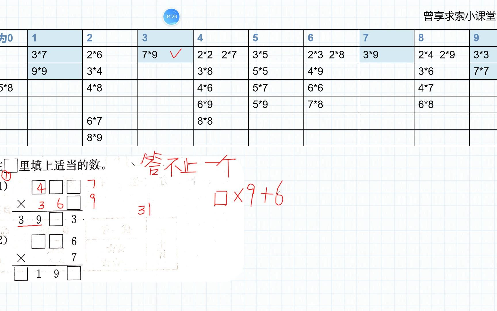 [图]苏教版三年级一单元 两三位数乘一位数 课外拓展 乘法口诀表与数字谜