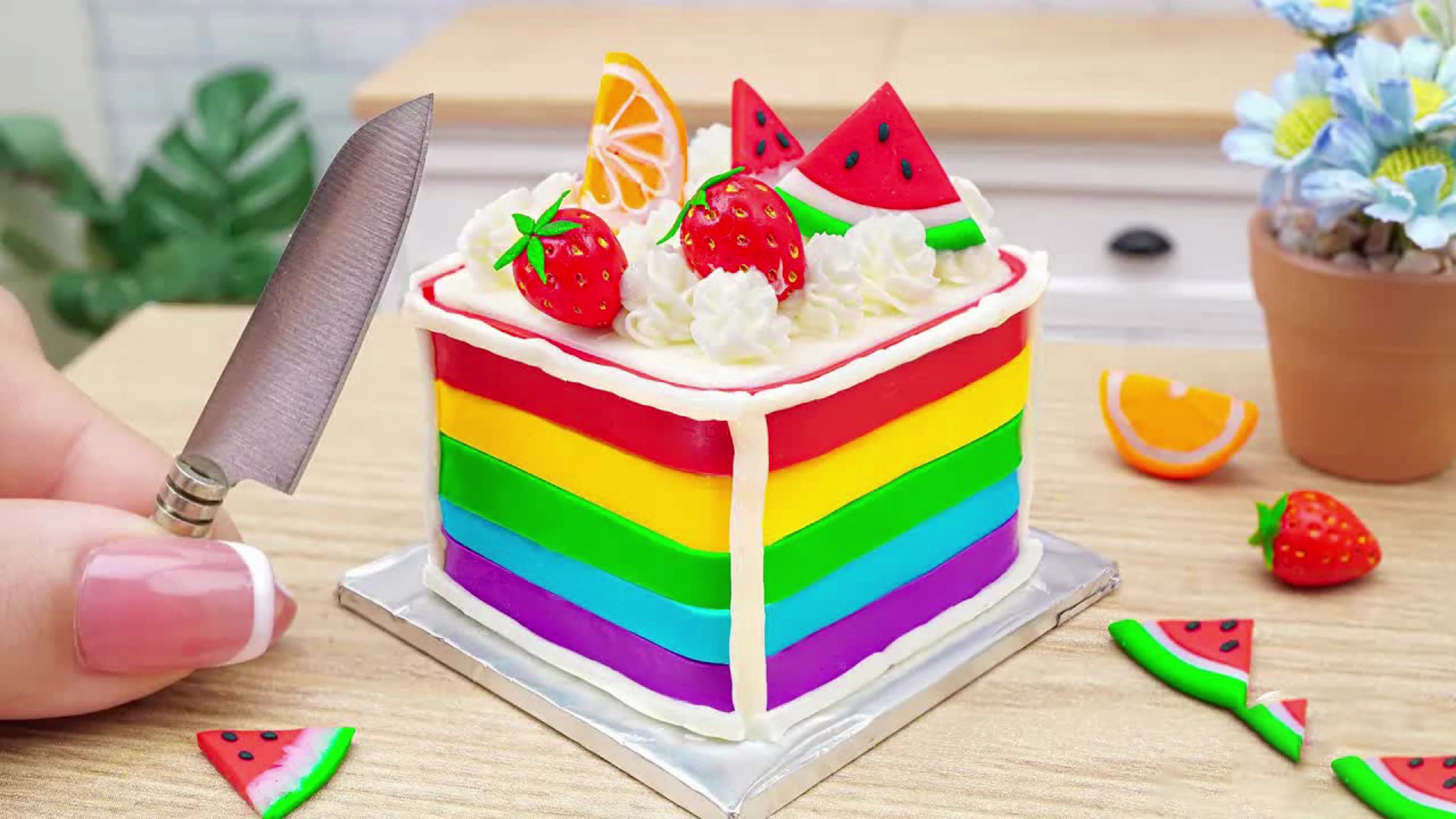 治愈解压迷你美食:方形彩虹水果蛋糕装饰