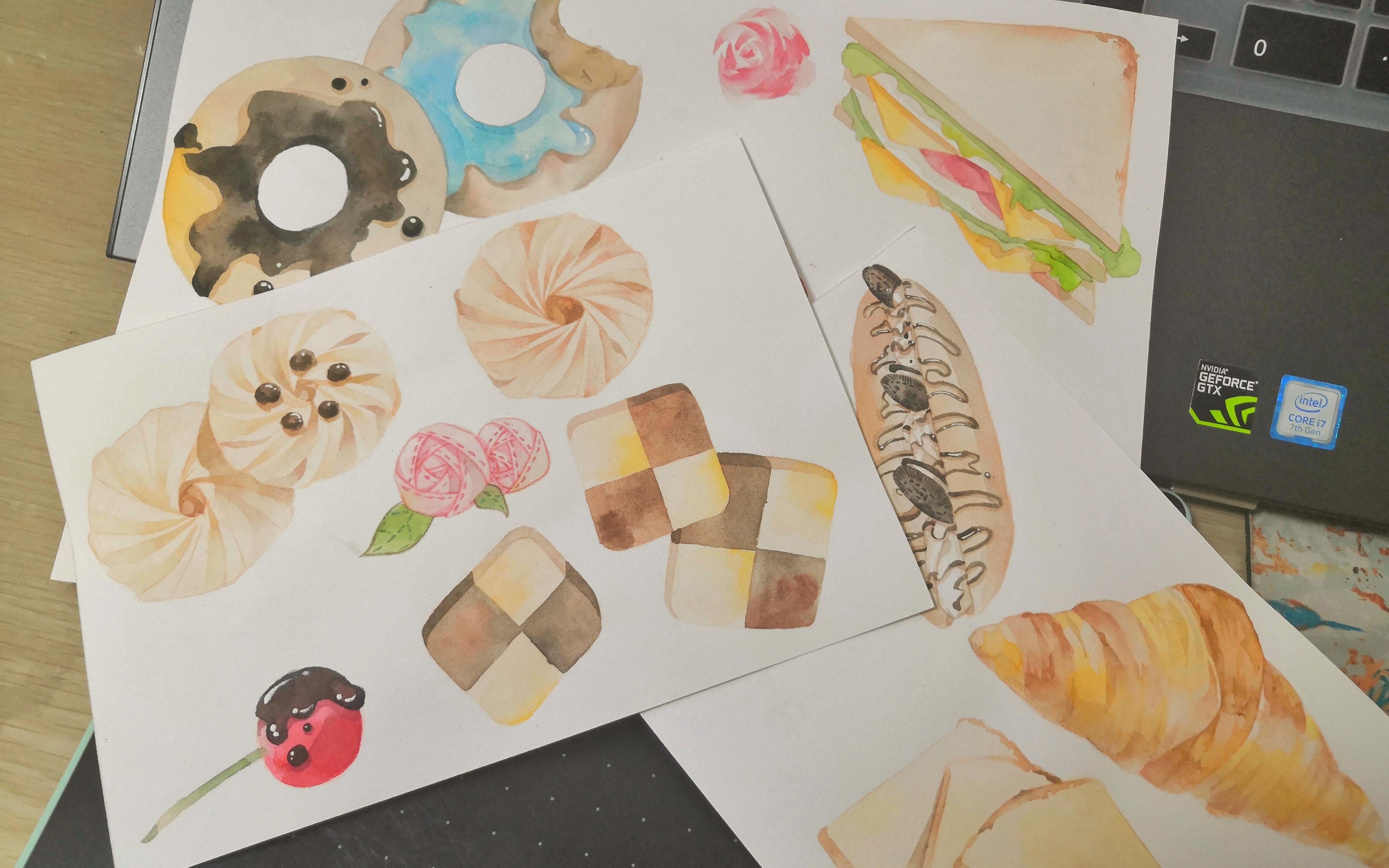 【水彩】一一一口气画9个淡黄的饼干