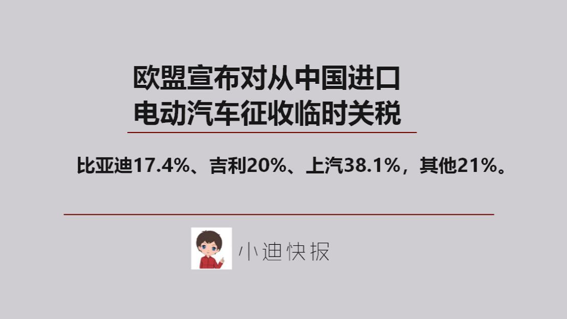 欧盟玩不起了!对中国电动汽车加征关税其中比亚迪17.4%、吉利20%、上汽集团38.1%,中国其他21%.哔哩哔哩bilibili