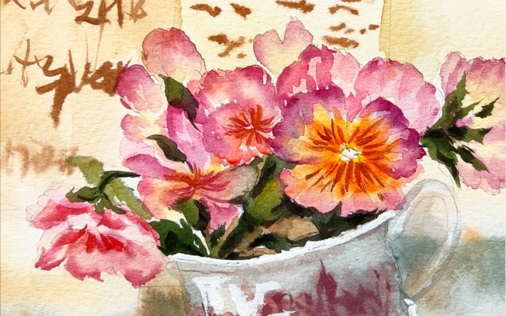 水彩复古小景|杯中三色堇过程分享