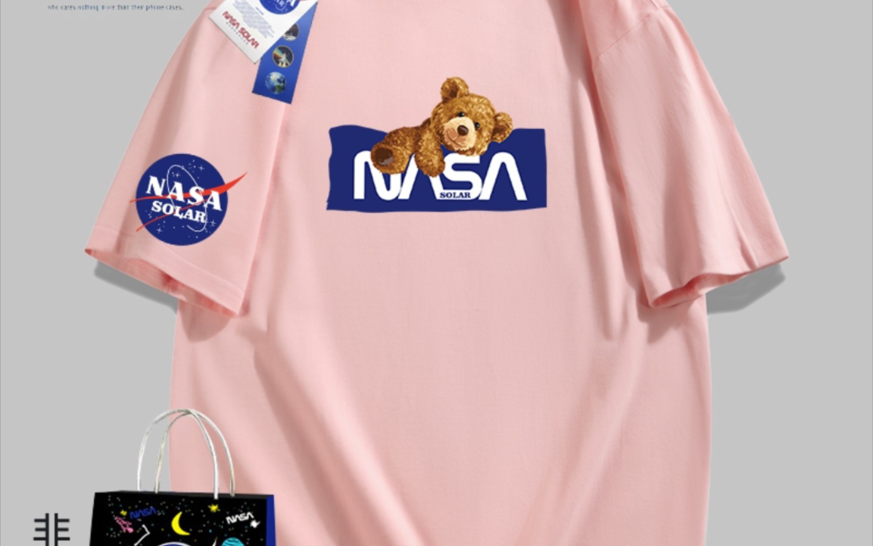 9薅羊毛nasa solar联名】2023新款夏款小熊印花纯棉男女同款短袖t恤