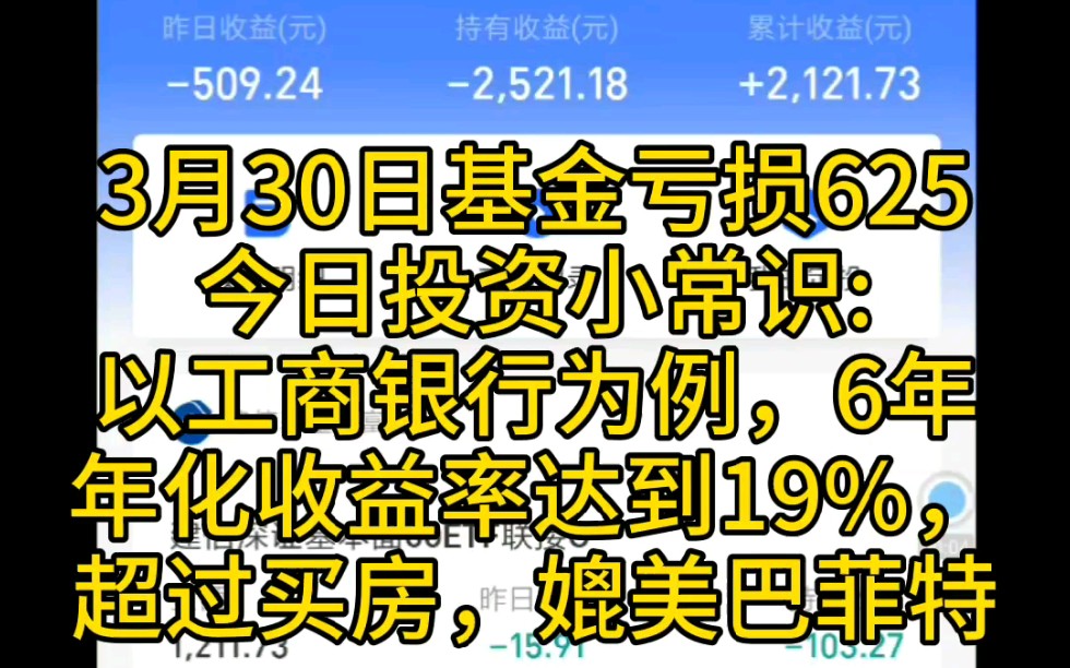 [基金投资]+3月30日基金亏损625+今日投资小常识:以工商银行为例,6年年化收益率达到19%,超过买房,媲美巴菲特哔哩哔哩bilibili