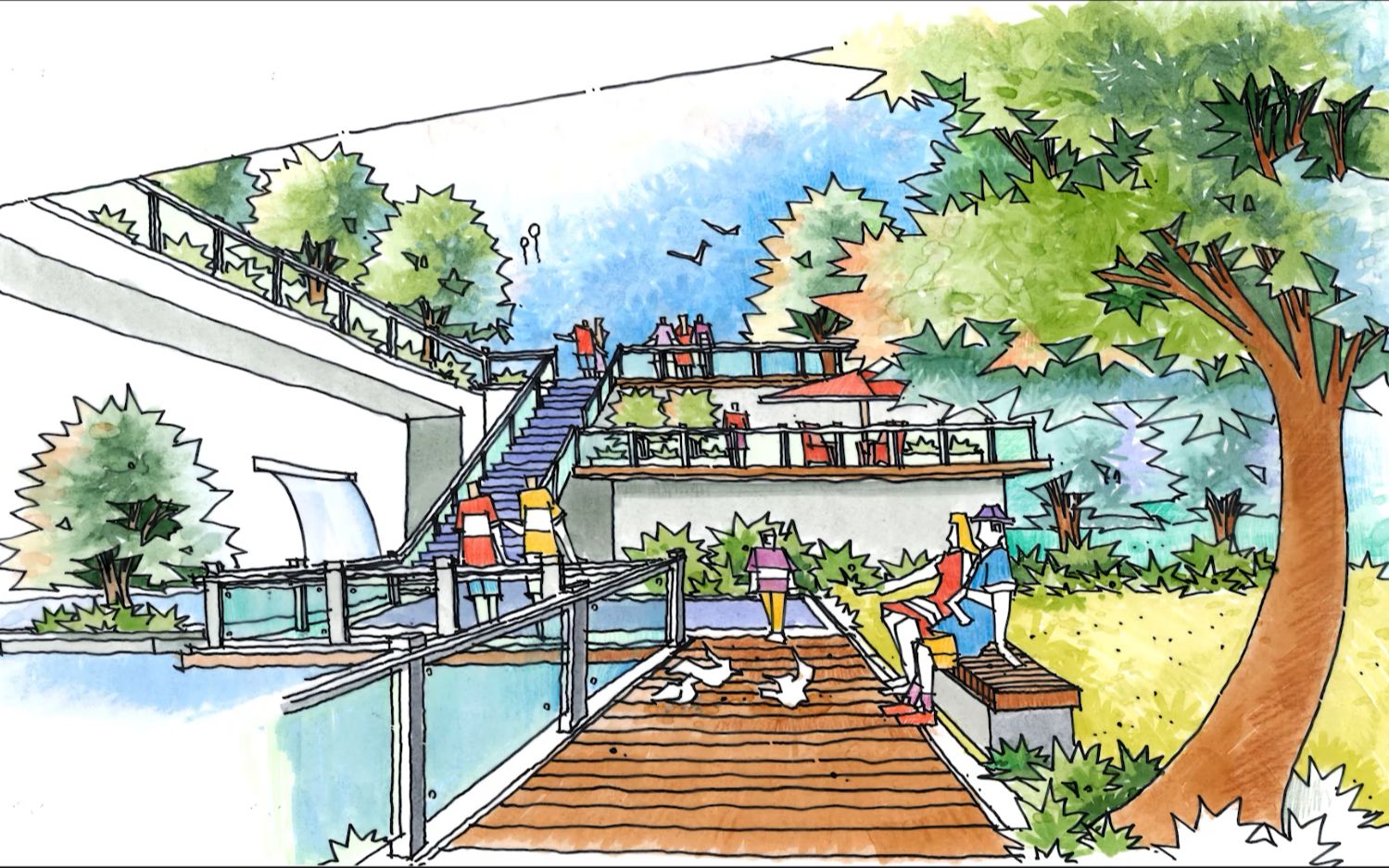 【景观手绘】p5 景观设计马克笔硫酸纸手绘表现-下沉公园_哔哩哔哩