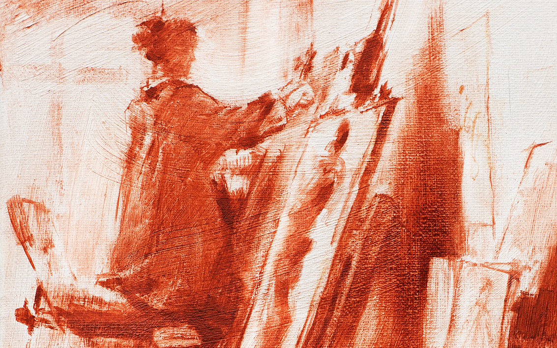 速写油画单色画作画的老姐