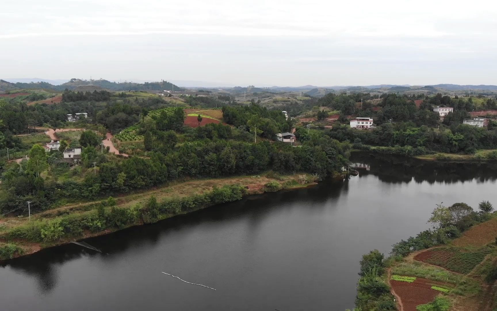 航拍大地景观金堂丰收水库