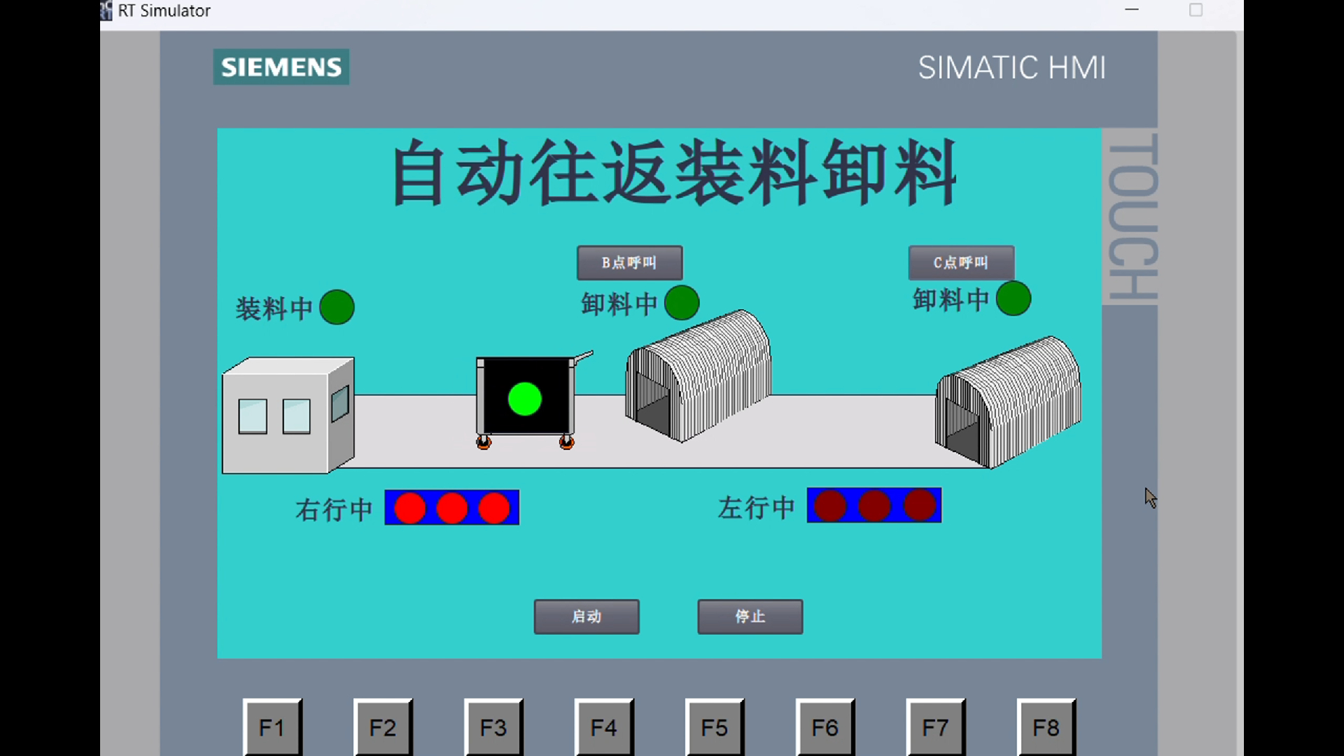 西门子博途仿真plc的运料小车自动往返装料卸料博图plc程序hmi仿真