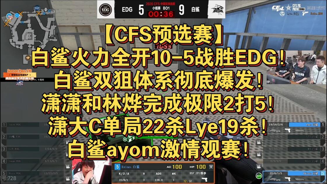 【CFS预选赛】白鲨火力全开10-5战胜EDG！白鲨双狙体系彻底爆发！潇潇和林烨完成极限2打5！潇大C单局22杀Lye19杀！白鲨ayom激情 ...