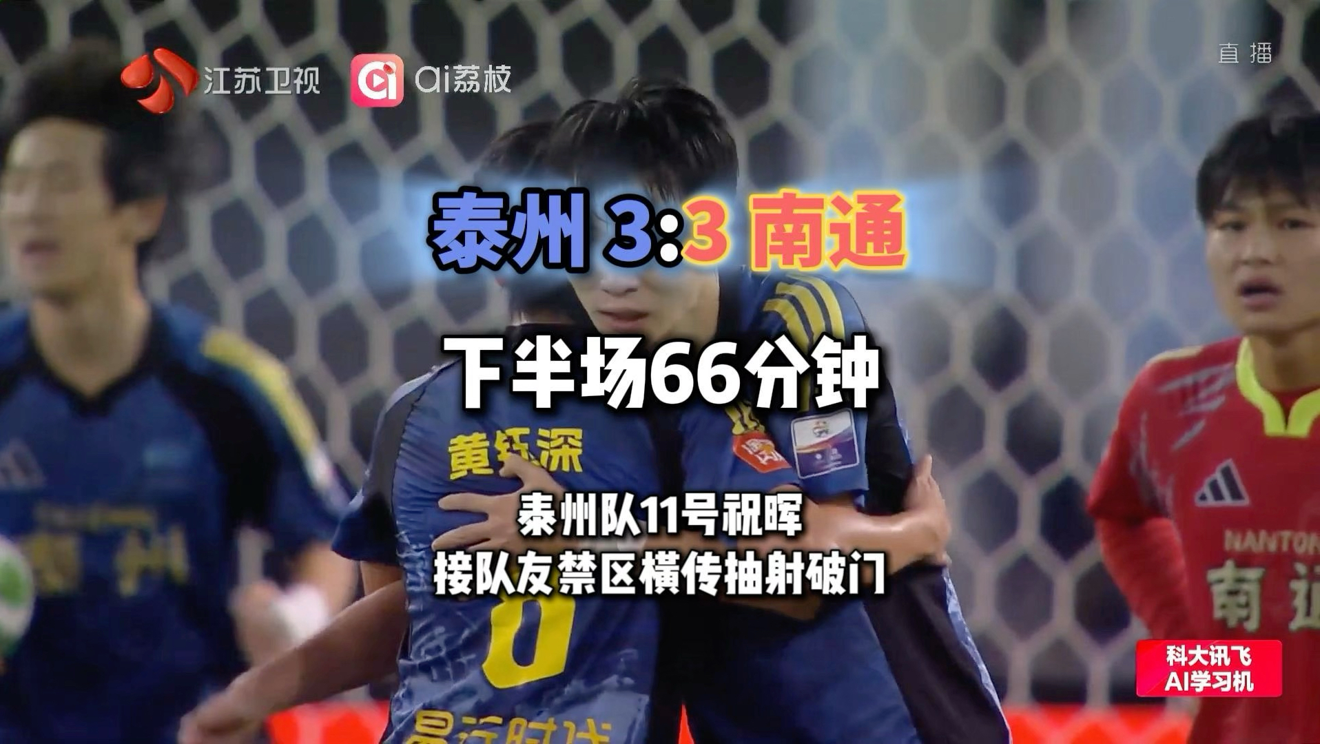 #苏超泰州vs南通  下半场进行到第66分钟，泰州队11号祝晖接队友禁区横传抽射破门，将比分改写为泰州队3:3南通队