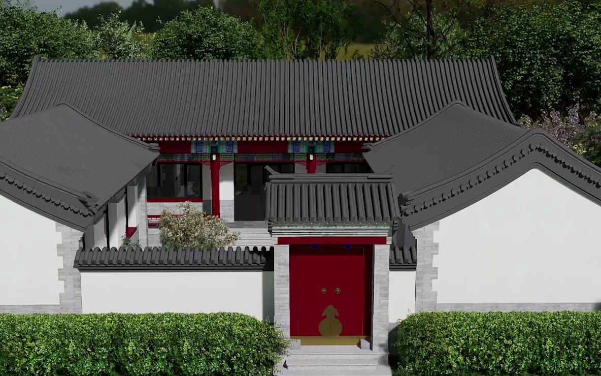 面宽18米,进深18米,中式四合院仿古设计,是一种融合了中国传统文化和
