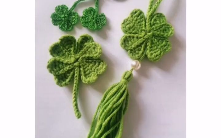 毛线精灵手作实物图解钩针教程心形四叶草幸运草做挂件贴片发夹