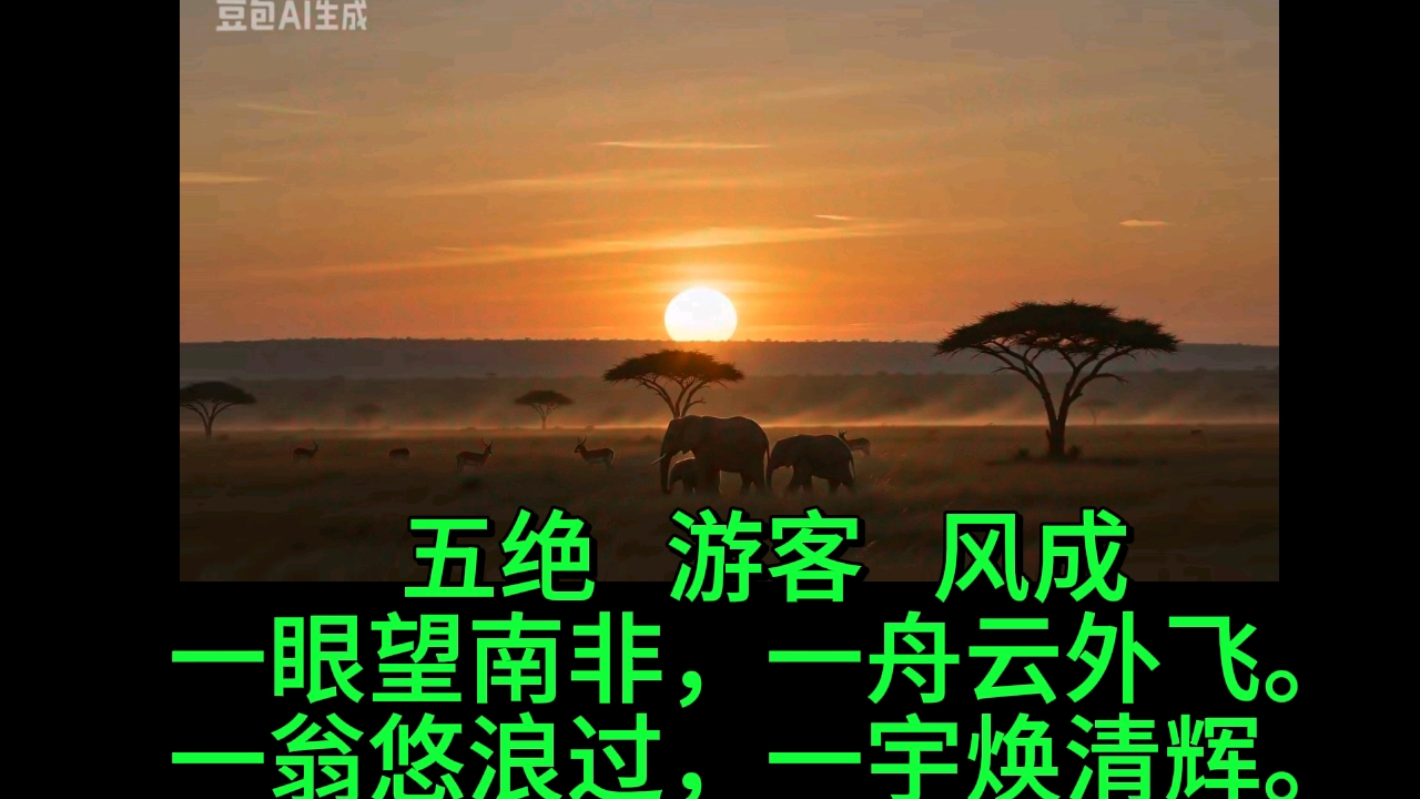 五绝游客风成一眼望南非，一舟云外飞。一翁悠浪过，一宇焕清辉。