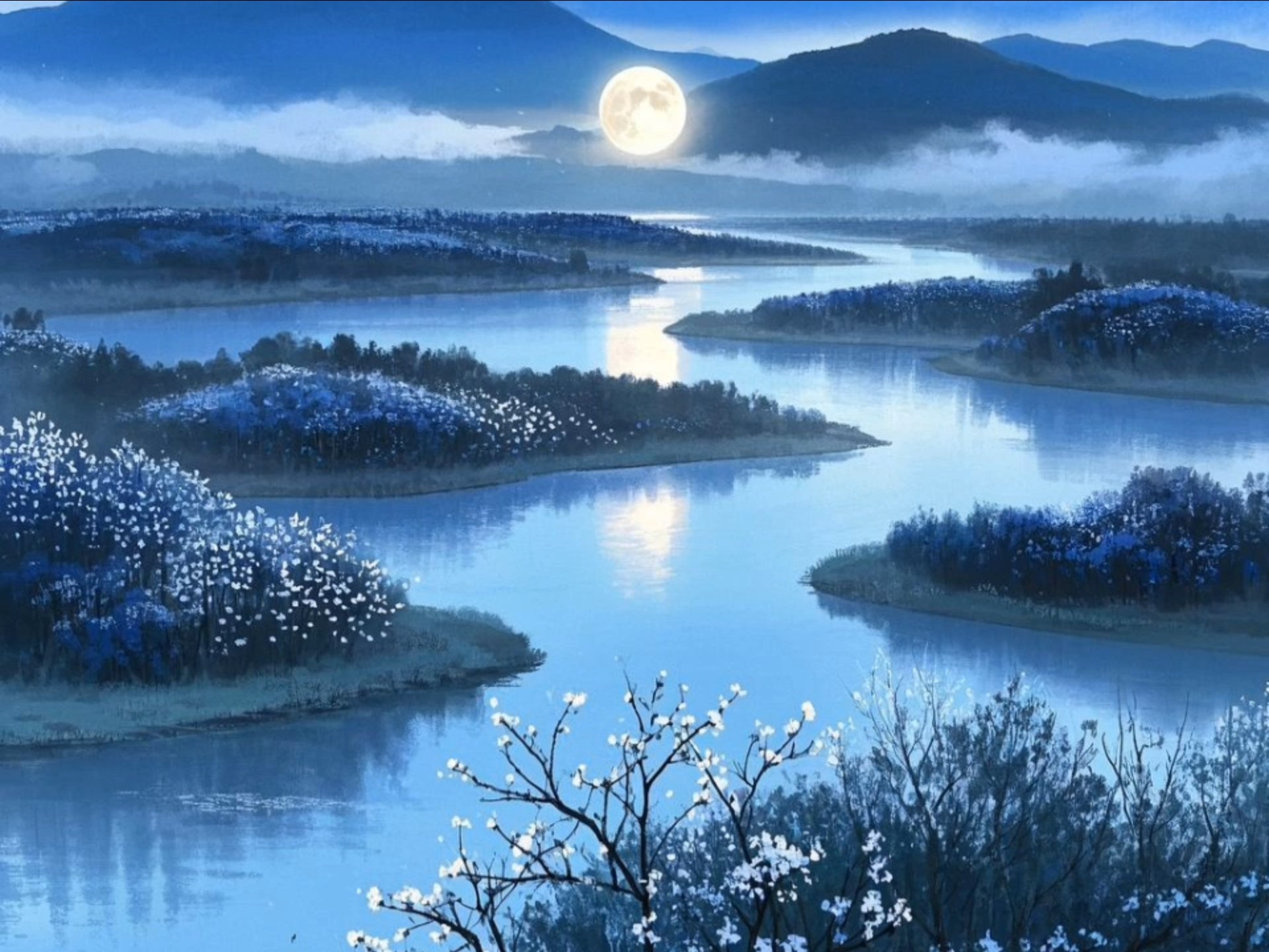 唐•张若虚《春江花月夜》春江潮水连海平,海上明月共潮生