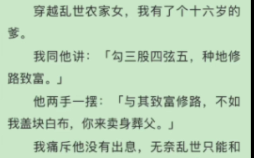 完)穿越乱世农家女,我有了个十六岁的爹.我同他讲:「勾三股四弦五,种地修路致富.」他两手一摆:「与其致富修路,不如我盖块白布,你来卖身葬父...