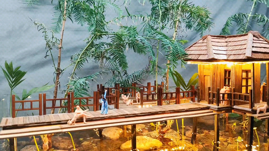 鱼缸造景制作过程,水杉林木屋景观