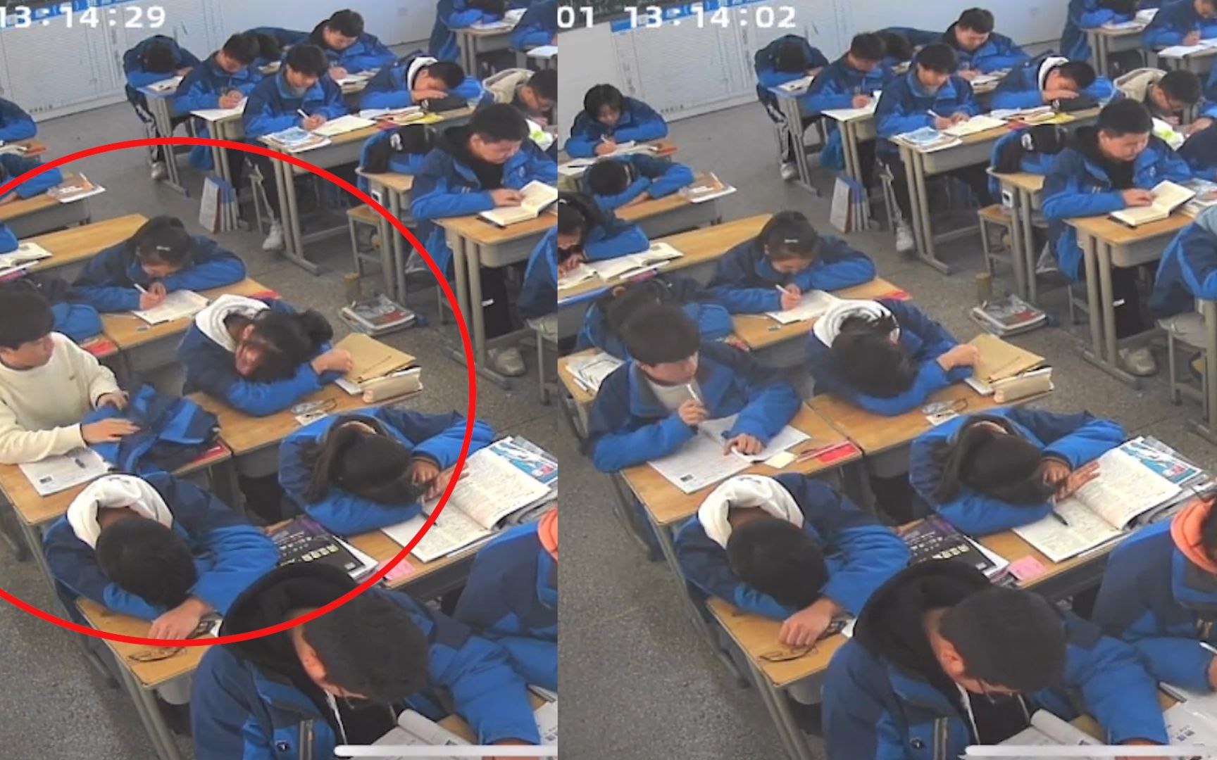 男生看到同桌趴着睡觉不舒服,脱下外套仔细叠好后给女生当枕头_哔哩