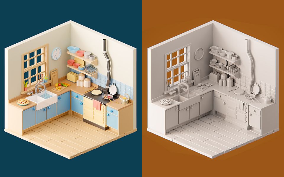 【3dmax室内场景建模】风格化厨房模型基础讲解,模型建模,小白必看!