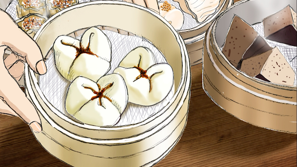 手绘动画_广东传统美食早茶四大天王之一叉烧包