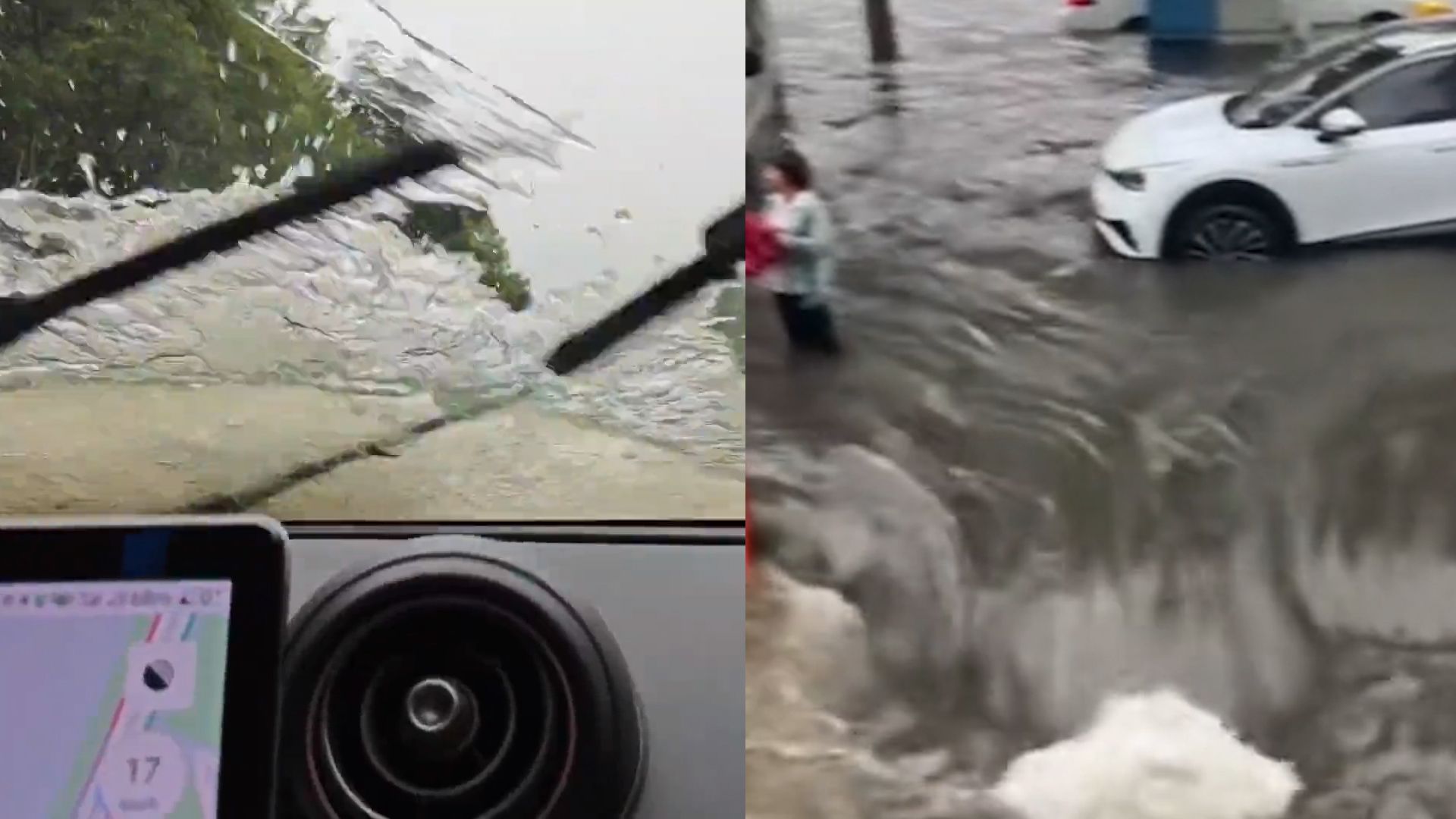 郑州遭遇暴雨侵袭积水严重,市民乘车变"乘船":淹到挡风玻璃了