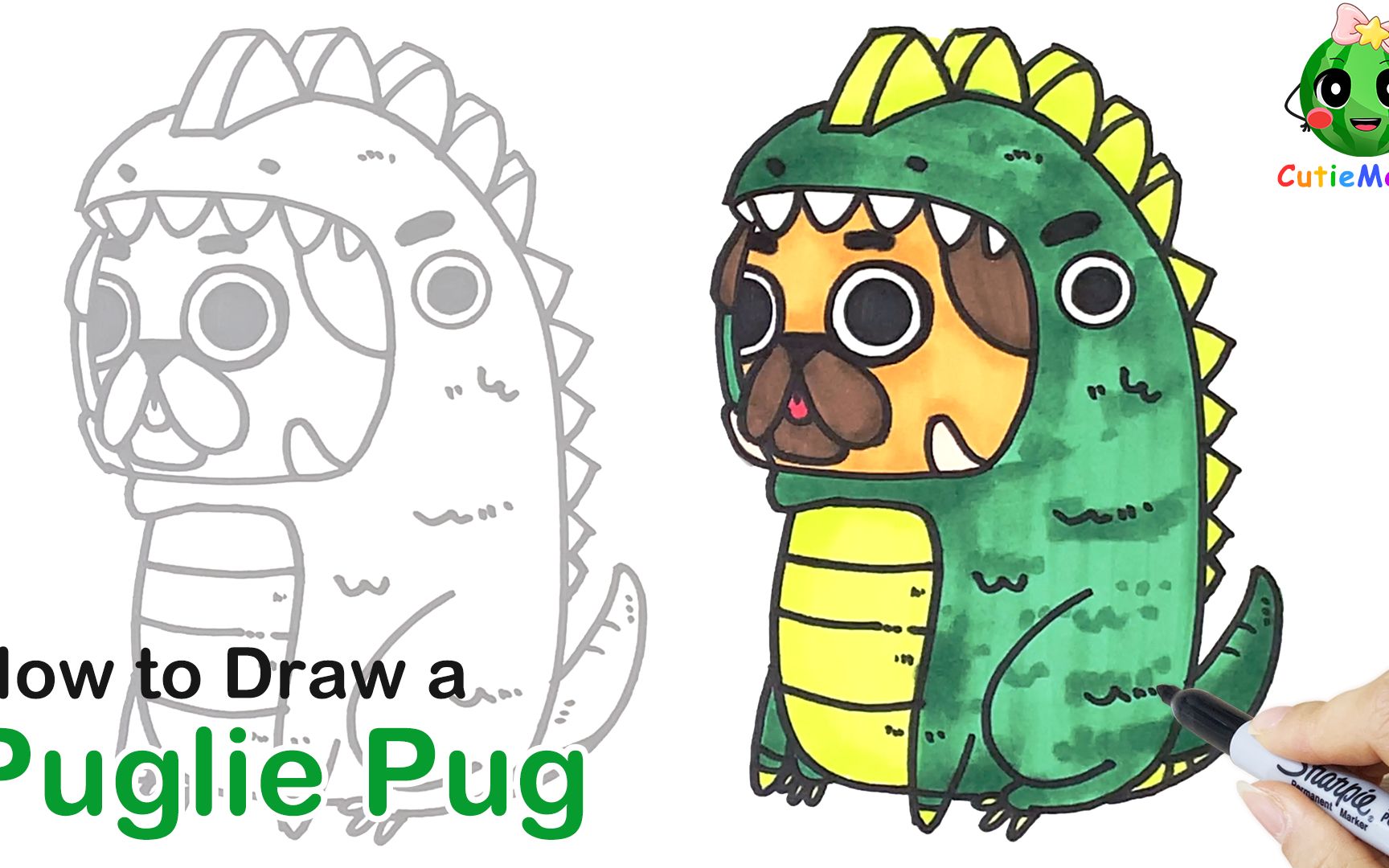 儿童简笔画穿着恐龙衣服的哈巴狗 How to Draw a Puglie Pug ! 𐟐𖠃ute Dog | Easy Drawings for kids哔哩哔哩bilibili