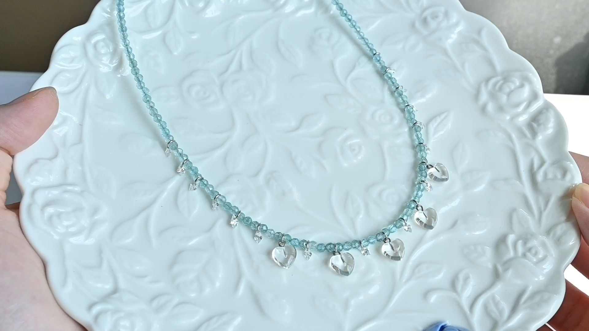 清新透体蓝磷灰石白水晶项链~自然光