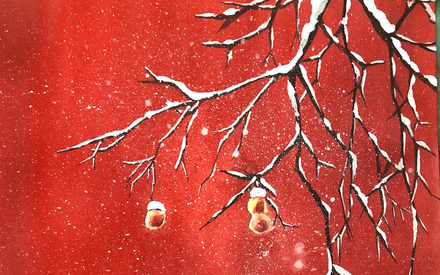 25/365一日一画-新手简单水彩-故宫红墙雪 晶莹小柿子 【2/2】树枝与