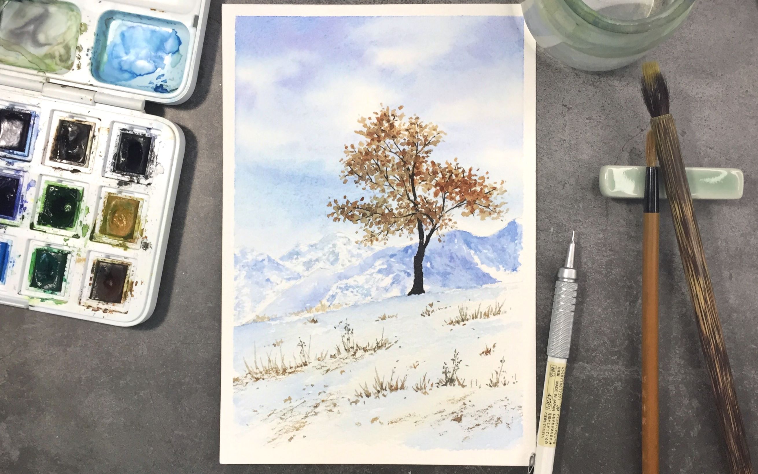 水彩小风景教程07冬日雪地一景雪山与树