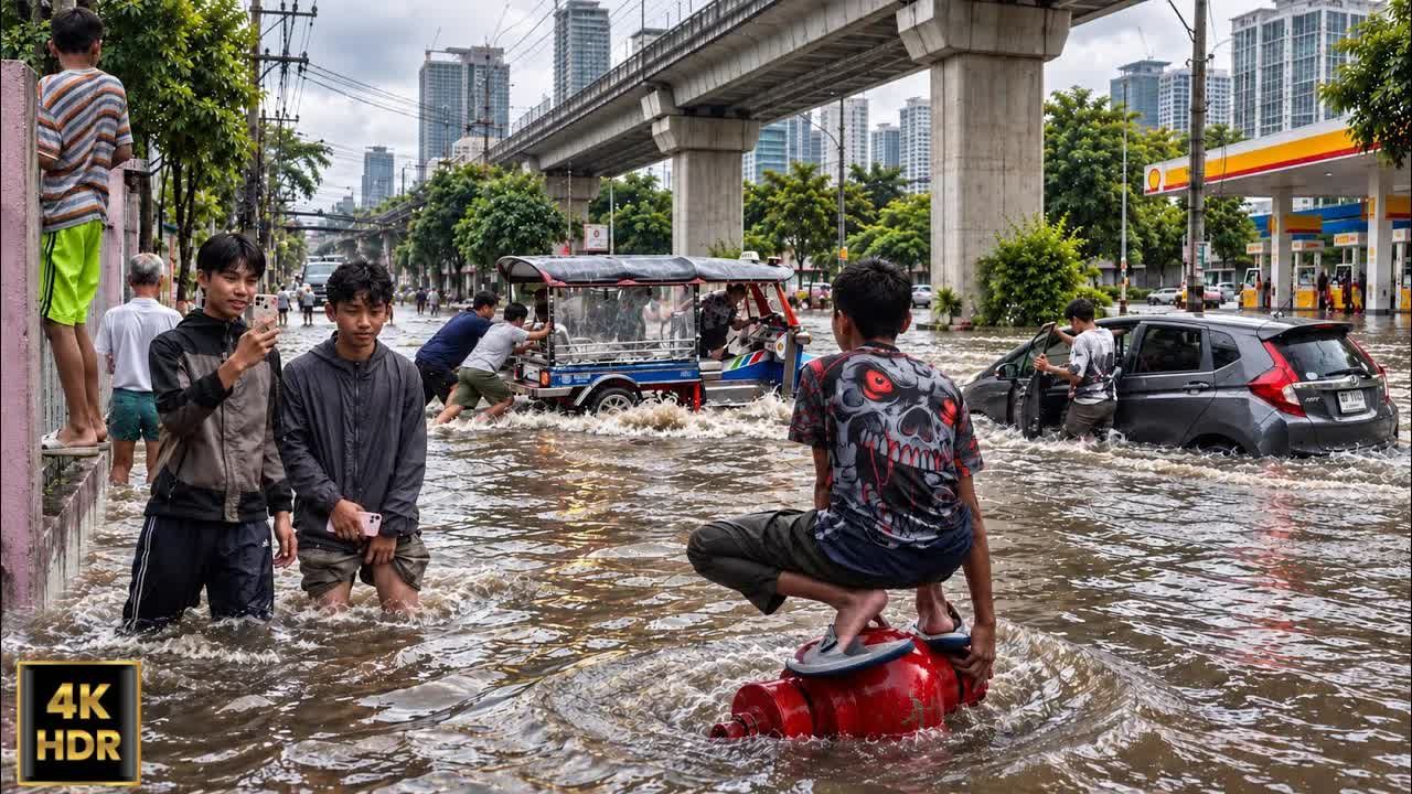 【4K东南亚】泰国曼谷大洪水下被淹没的街道