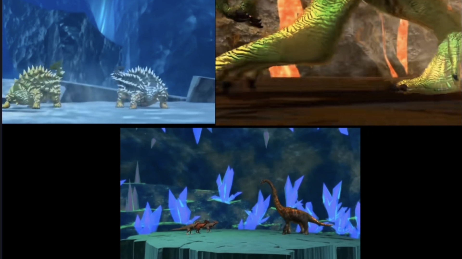 将异特龙vs赛查龙,霸王龙vs棘龙,腕龙vs龙王龙同时播放