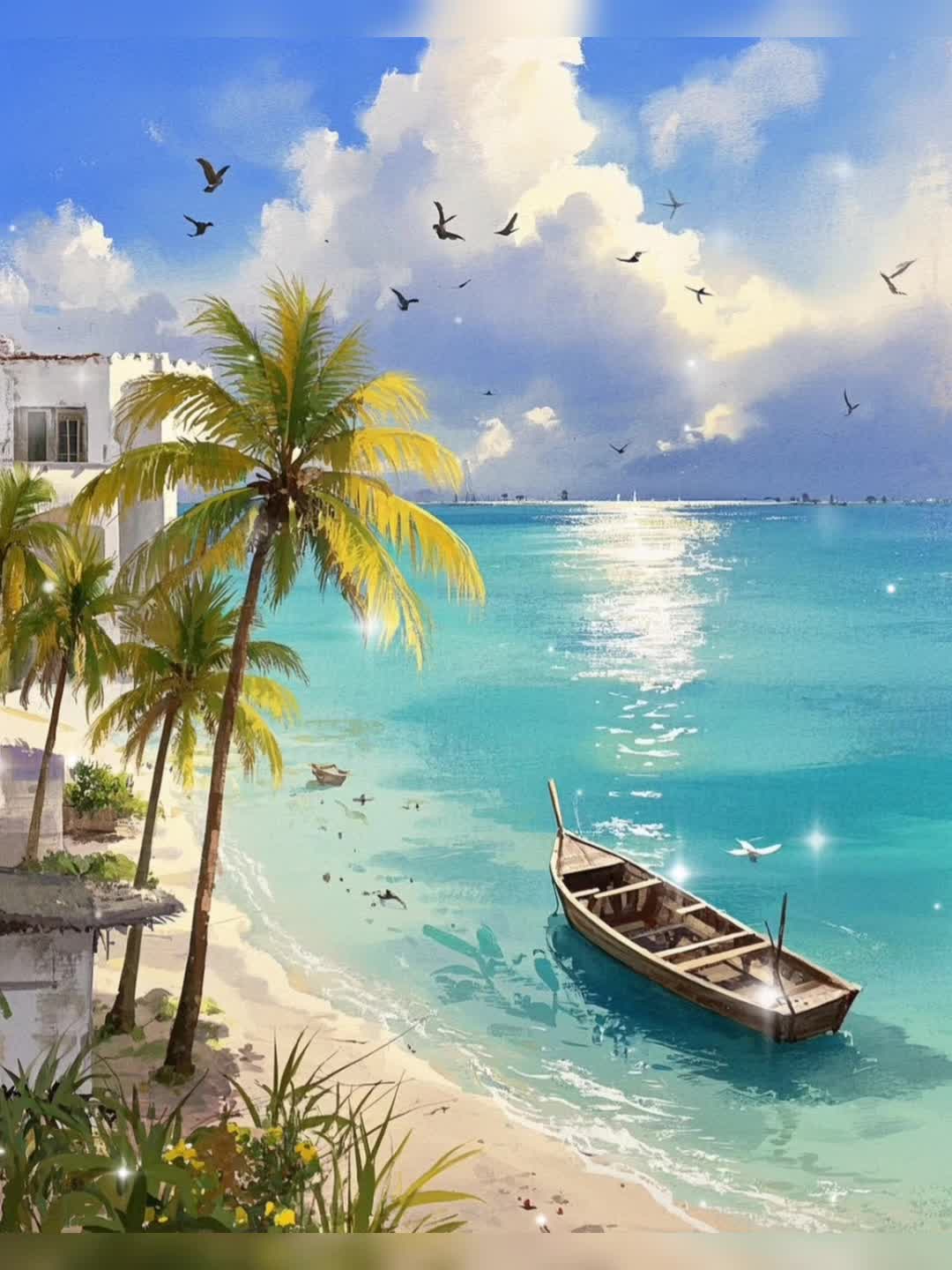 海滩#大海椰子树#每天练习ai画图#水彩画#油画花"#美丽的大海#海边